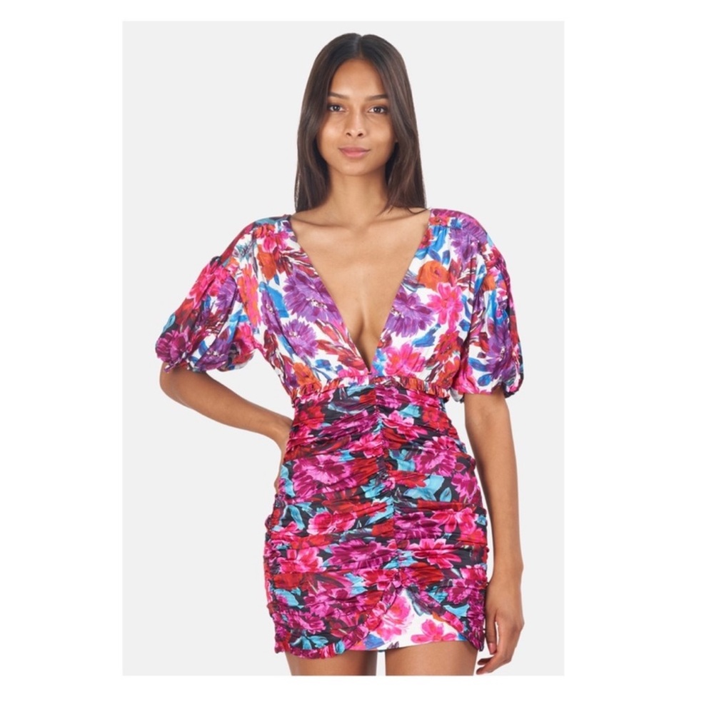 New! FOR LOVE & LEMONS Cassandra Ruched Open Back Mini Dress